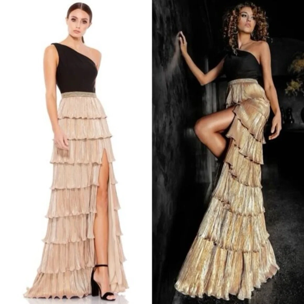 Mac Duggal Ieena One Shoulder Tiered Pleated Gown Black Gold Size 0 NWT